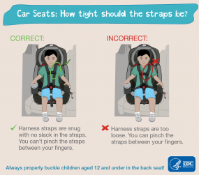 Car seats: how tight should the straps be? Correct: harness straps are snug with no slack in the straps. You can't pinch the straps between your fingers. Incorrect: Harness straps are too loose. You can pinch the straps between your fingers. Always properly buckle children aged 12 and under in the back seat! HHS CDC