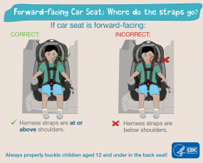 Forward-facing car seat: where do the straps go? If car seat is forward-facing: Correct: harness straps are above shoulders. Incorrect: harness straps are below shoulders. Always properly buckle children aged 12 and under in the back seat! HHS CDC
