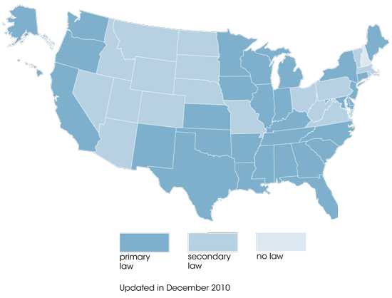 map of the US showing seat belt laws. See state page for complete listing http://www.cdc.gov/motorvehiclesafety/seatbeltbrief/states.html