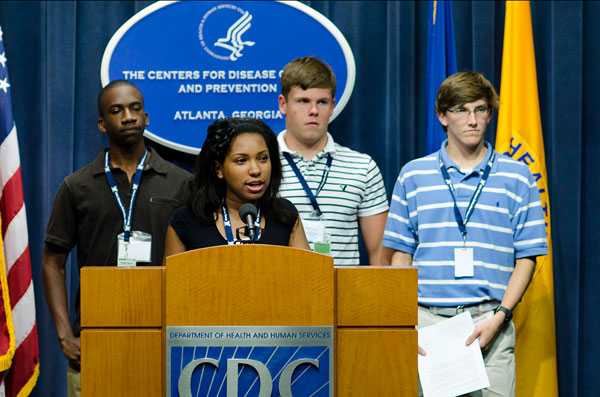 Campers assume the role of CDC Subject Matter Experts to brief the press about their findings during the simulated outbreak investigation.