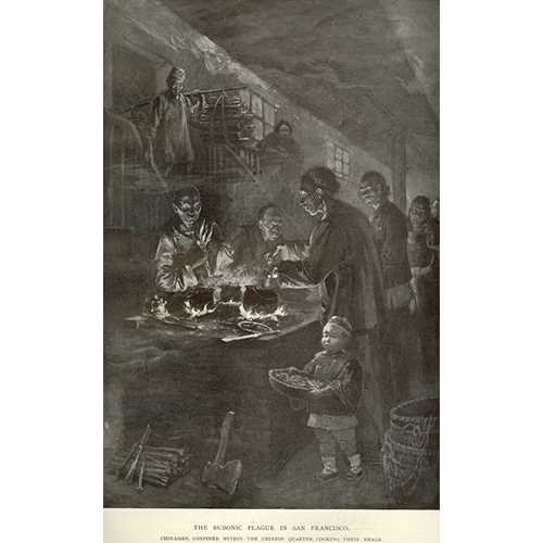 Harper’s Weekly magazine  -  Illustration, June, 1900, with caption, “Chinamen confined in their quarters cooking their meals”  -  A case of bubonic plague contracted by a Chinese man in San Francisco in 1900 resulted in a Board of Health order of a year-long quarantine of Chinatown. Critics, both Chinese and white, questioned the Board’s strategy of dividing the contaminated from the uncontaminated along racial lines, with no scientific evidence to support these policies.