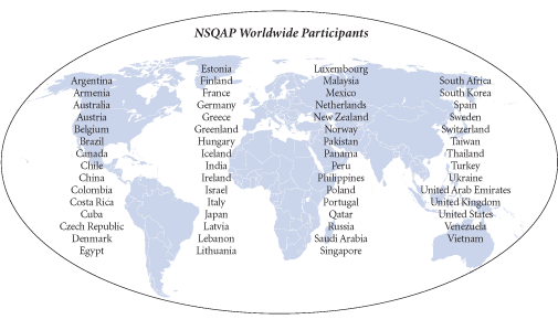 	Image of a world map overlaid with a list of all countries that have at least 1 laboratory that participates in CDCs Newborn Screening Quality Assurance Program.