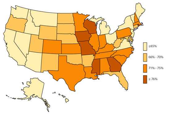 U.S. Map, ADHD, Diagnosed and Medicated, 2007