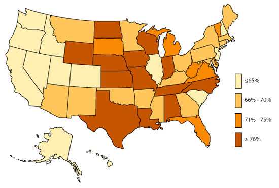 U.S. Map, ADHD, Diagnosed and Medicated, 2011