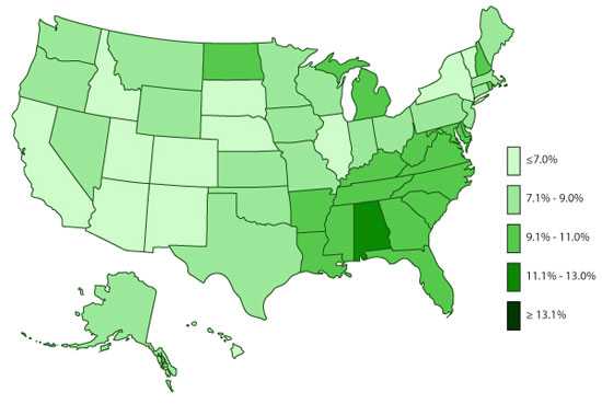 U.S. Map, ADHD, Ever Diagnosed, 2003