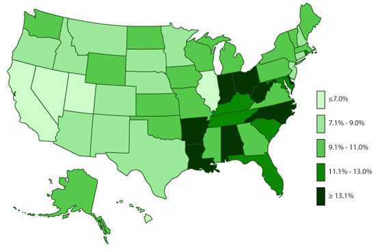 U.S. Map, ADHD, Ever Diagnosed, 2007