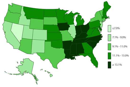 U.S. Map, ADHD, Ever Diagnosed, 2011