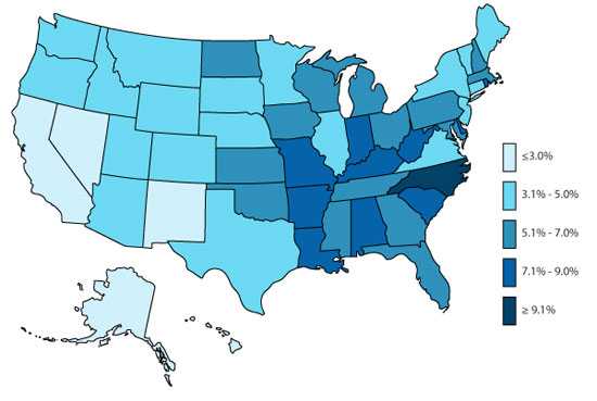 U.S. Map, ADHD, Overall Medicated, 2007
