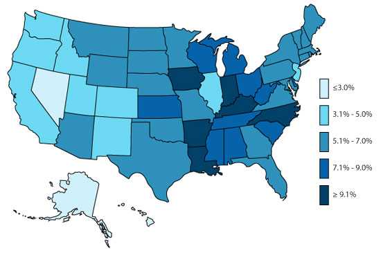 U.S. Map, ADHD, Overall Medicated, 2011