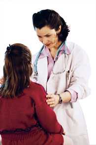 Physician talking to child