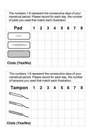 Printable chart to track pad or tampon usage for 8 days. The user is to record a mark in the box that coincides with the illustration that matches the pad or tampon.