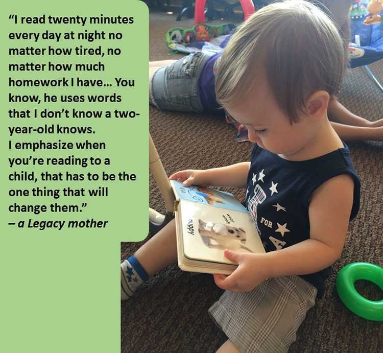 Photo of toddler looking at pictures in a book. 