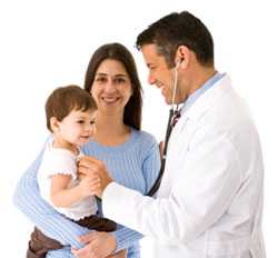 Mother holding baby while physician listens to heart beat