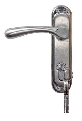 Door handle with keys in the lock.