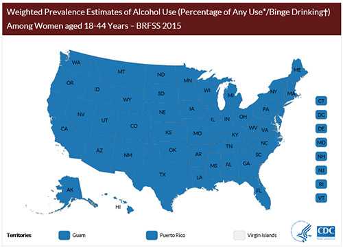 Weighted Prevalence Estimates of Alcohol Use (Percentage of Any Use*/Binge Drinking†) Among Women aged 18-44 Years – BRFSS 2015