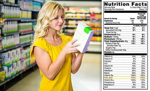 Woman reading nutritional information on a cereal box. Nutrition label highlighting 100% Folic Acid.