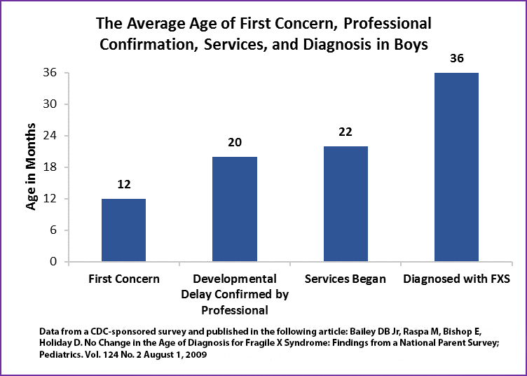Chart: The average age of first concern, professional confirmation, services, and diagnosis in boys