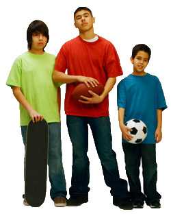 Boys (11-14) standing together with sports equipment