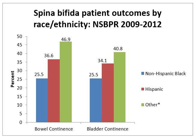 Graph entitled Spina bifida patient outcomes by race/ethnicity : NSBPR 2009-2012 - Other includes Asians, Native Americans, Hawaiians and non-Hispanic Whites. For the purposes of this study, these groups have been combined because their characteristics were similar.