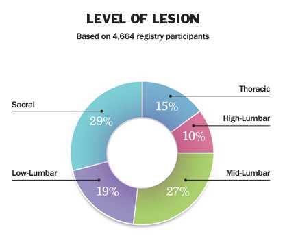 15% Thoracic, 10% High-Lumbar, 27% Mid-Lumbar, 19% Low-Lumbar, 29% Sacral. Based on 4,664 registry participants.