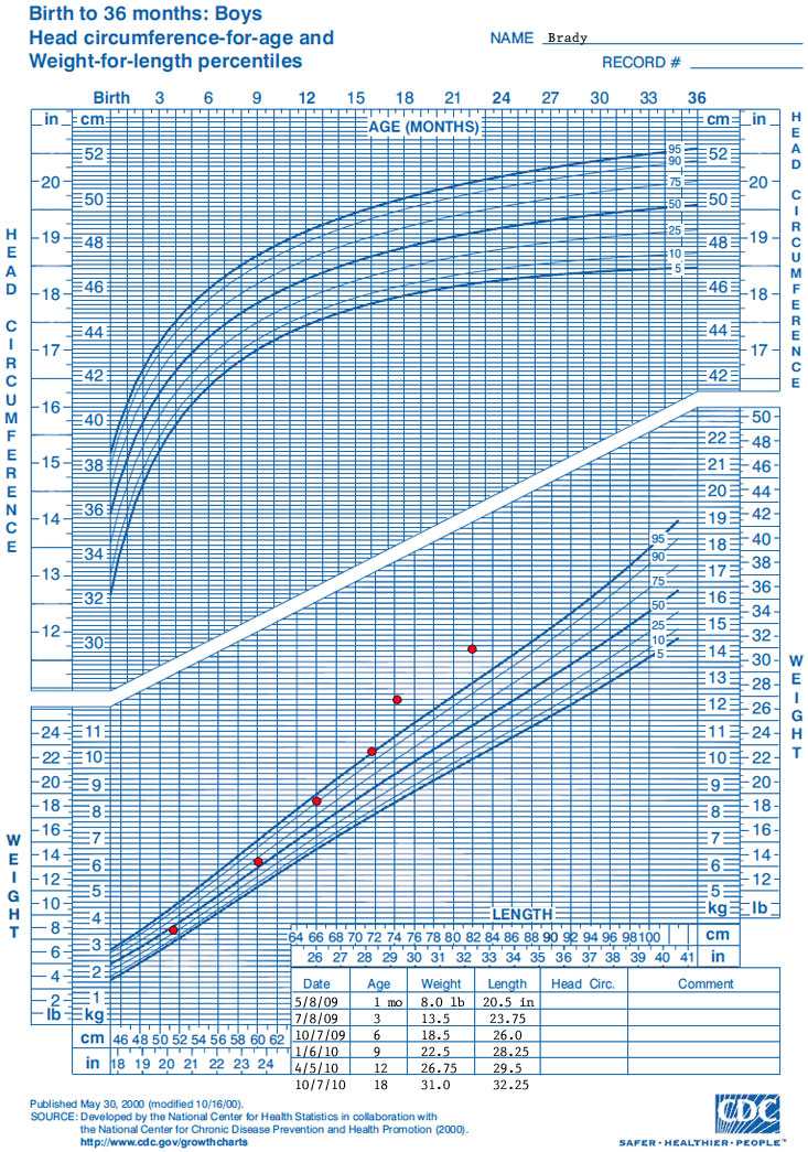 Growth chart
Birth to 36 months: boys
Head circumference for age and 
Weight for length percentiles

Name: Brady


Data points for the growth chart show the following:

Date – Weight – Length
5/8/2009 –8.0 pounds – 20.5 inches
7/8/2009 – 13.5 pounds – 23.75 inches
10/7/2009 – 18.5 pounds – 26.0 inches
1/6/2010 – 22.5 pounds – 28.25 inches
4/5/2010 – 26.75 pounds – 29.5 inches
10/7/2010 – 31.0 pounds – 32.25 inches
