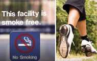 No Smoking sign indicating smoke-free facility and close-up image of feet running