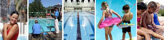 Collage of photos: girl showering at pool, men checking pool chemicals, swim lane of pool, kids in pool gear, kids splashing in pool.