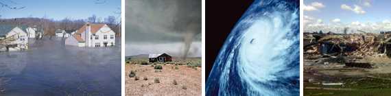 Photo collage: flooded houses, tornado approaching house on the plains, satellite hurricane image and destruction from a storm by Faith Landers.