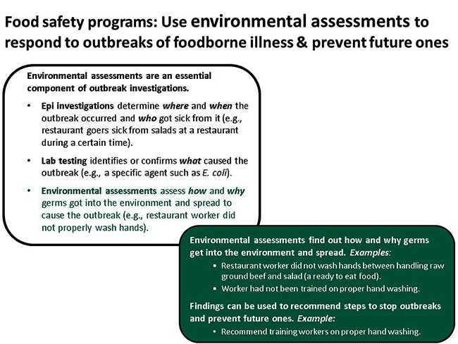 Graphic describing environmental assessments as an essential component of outbreak investigations along with epi investigations and lab testing.