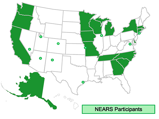 Map of the U.S. with NEARS state and local participants marked in green.