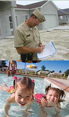 Top; inspecting property, Bottom: children in swimming pool