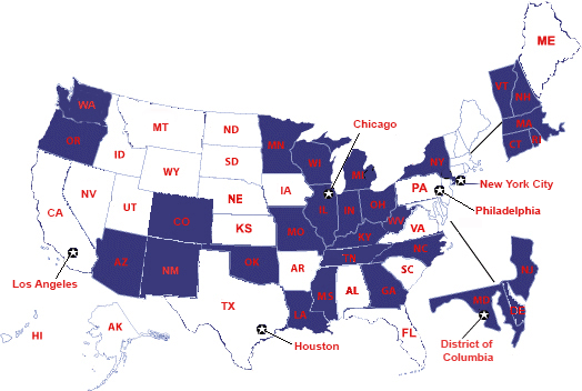 USA map showing funded and unfunded states