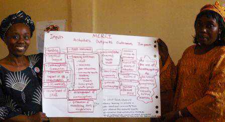 Harvard program participants from MERCI (Florence Davis and Oretha Nimely) display a logic model of their program