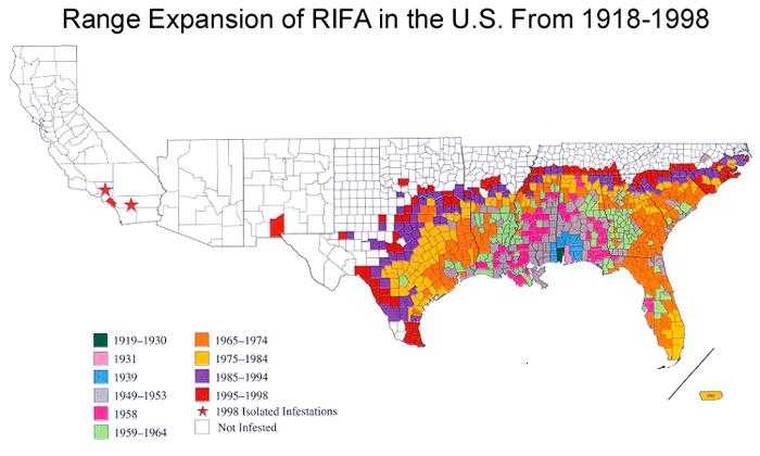 Figure 4.26. Range Expansion of Red Imported Fire Ants (RIFA)_in the United States, 1918–1998