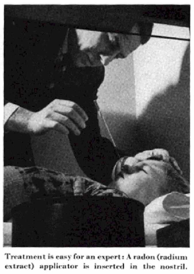 Image from Saturday Evening Post with boy being administered a radon (radium extract) applicator in the nose