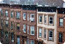 New York City buildings during snowstorm
