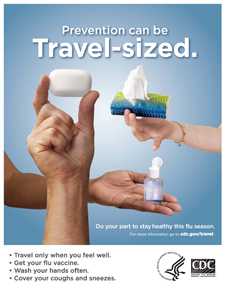 Poster titled Prevention can be travel-sized shows hand holding a bar of soap.