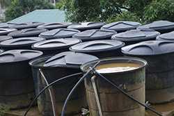 Water storage barrels.