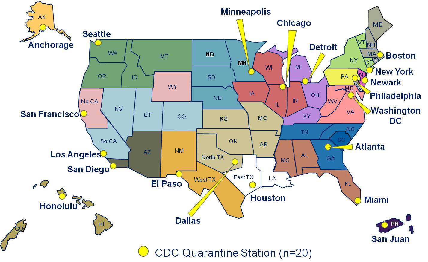 Map of United States showing the quarantine stations. Stations are in the following cities: Anchorage, Seattle, San Francisco, Los Angeles, San Diego, Honolulu, El Paso, Dallas, Houston, Miami, San Juan, Atlanta, Minneapolis, Chicago, Detroit, Boston, New York, Newark, Philadelphi, Washington DC
