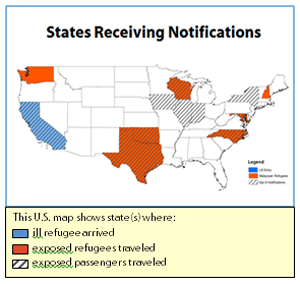 Map of the United States that shows states receiving notifications.  Three different shades highlight specific states.  The first is shade shows ill refugee arrive - this is California.  The next shade shows exposed to refugees traveled.  These states are Oregon, Oklahoma, Texas, Wisconsin, North Carolina, Maryland, and New Hampshire.  The last shade shows states with exposed passangers traveled.  These states are California, Oklahoma, Texas, Iowa, Wisconsin, Illinois, Indiana, North Carolina, Maryland, and New York.