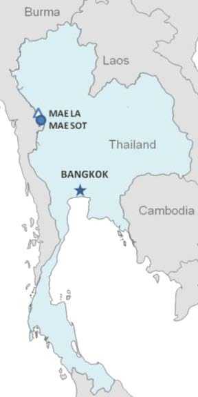 Map of Thailand showing the Mae Sot Processing Center and Mae La Refugee Camp.