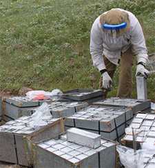 Man in a field with several live traps