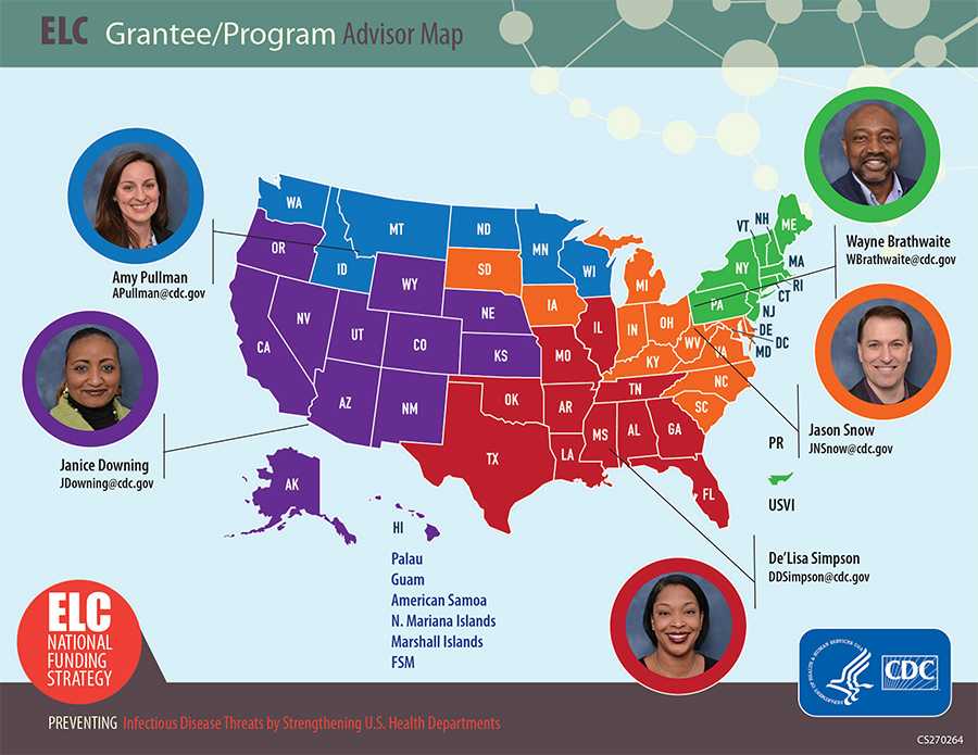 ELC Grantee/Program Advisor Map showing regions and states of US and contact per state, as described in HTML below
