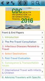 Screenshot from the CDC Health Information for International Travelers ap which shows the main menu