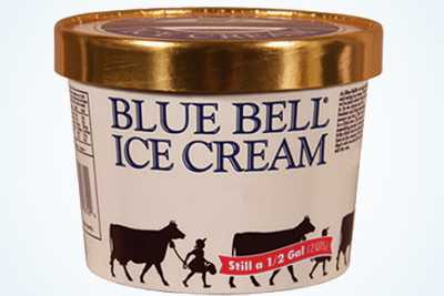 Image shows a gallon container of Blue Bell ice cream