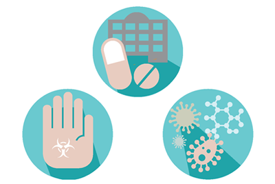 Vector image of three illustrated circles One with pills in front of a hospital, another shows a hand with a symbol of germs, and the last, a cluster of random pathogens