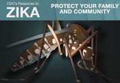 Image of an illustrated mosquito with a teal bar above with the words - CDC's Response to Zika. Protect your family and community