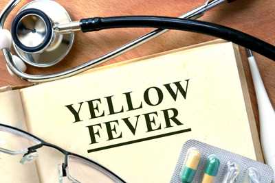 A stethoscope, glasses and capsules surrounding a page with the words “Yellow Fever.”