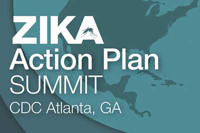 A graphical background of a cyan-colored globe behind the words: “Zika Action Plan Summit – CDC Atlanta, GA”