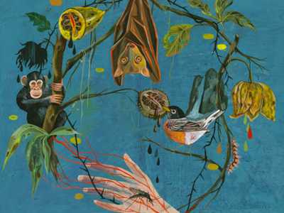 A painting showing a hand being bitten by an insect, a monkey, fruit, a bat hanging upside down, a flower and a bird eating another piece of fruit. All of these are connected by a tree branch in the shape of a circle.